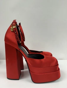 VERSACE Red Satin Platform Jeweled Ankle Strap Heels Size 41 - 11 - Picture 1 of 12