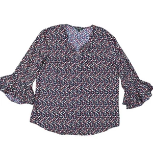 Lauren Ralph Lauren Blue Geometric 3/4 Sleeve V Neck Polyester Blouse XL Women - Picture 1 of 7