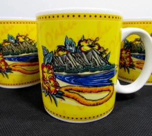 Lote de 3 tazas Hilo Hattie 2002 Hawaiian Island Oahu cabeza de diamante amarillo Lei de colección - Imagen 1 de 8