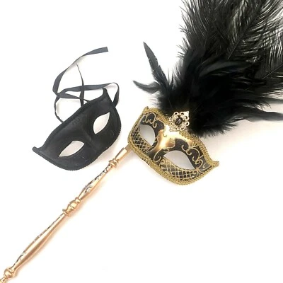Black Gold Masquerade Feather Stick Mask Pair Carnival Christmas New Year Party - Image 1 of 3