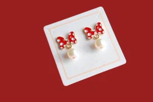 Minnie Mouse Red Bow Earrings Mickey Mouse Disney Jewelry Pearl Disneyana - Picture 1 of 7