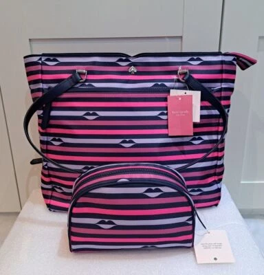 Kate Spade New York Pink, Lilac & Black Striped Lips Tote Bag & Makeup Bag BNWT! - Image 1 of 4