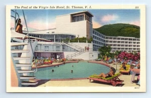 St. Thomas Virgin Islands Virgin Isle Hotel Pool View Linen Postcard c.1940 - Picture 1 of 2
