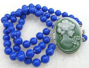 3 Rows 8mm Lapis Lazuli Cameo Queen 18KWGP Clasp Women Lady Girl Bangle Bracelet - Picture 1 of 3