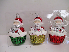 3 Piece SANTA Cupcake Christmas Ornaments ~  Green Gold Red Glitter