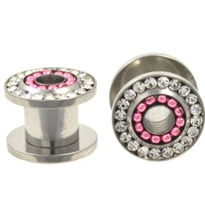 Screw-on Plugs/Gauges/Tunnels (316L) with Clear CZ and Pink Pearl (B/7/3/26) - Image 1 of 3