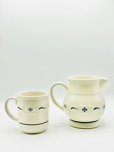 LONGABERGER POTTERY BLUE WOVEN TRADITIONS, 12 OZ Mug And Small Pitcher/Creamer - Picture 1 of 5