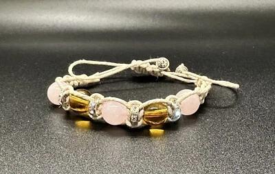 Natural Rose Quartz Bracelet Amber Quartz Gemstone Adjustable Boho Hemp Handmade - Image 1 of 2