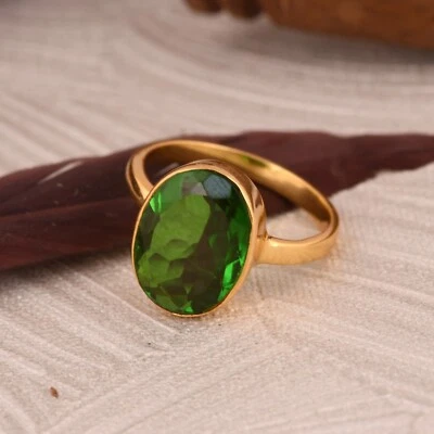 Anillos de cuarzo de diopsido cromado con banda de oro amarillo con piedras preciosas para cumpleaños y Navidad Foto 1 de 4