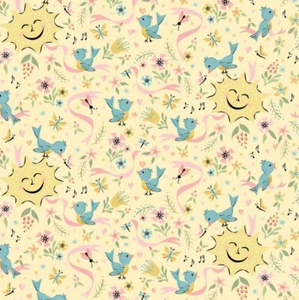 Finding Wonder Sunshine Yellow Birds Fabric Poppie Cotton by the Half Yard - Picture 1 of 4