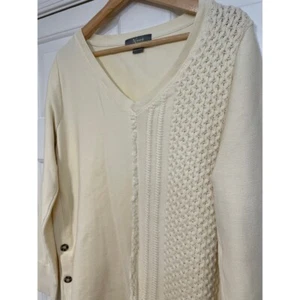 Natural Reflections Cotton V-Neck Knit Sweater Button Detail Long Tunic Cream L - Picture 1 of 6