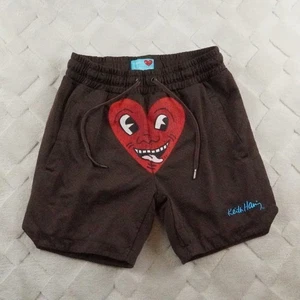 Keith Haring Shorts Mens Medium Heart Print Graphic Brown Drawstring Stertchy - Picture 1 of 11