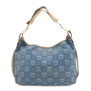 Ferragamo Gancini Canvas Leather Shoulder Bag Hand Bag Blue Beige Auth Used F/S - Picture 1 of 24