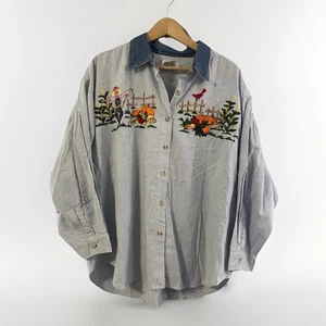 Solutions Damen Shirt 22/24 Vintage Ernte Herbst blau gestreift bestickt - Bild 1 von 6