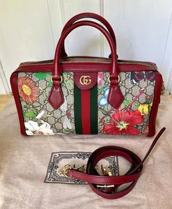 Gucci Red Floral GG Supreme Ophidia Boston Handbag Medium Shoulder Crossbody Bag - Picture 1 of 24