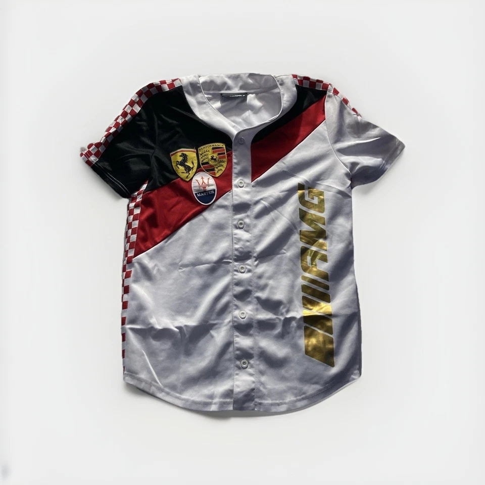 Camisa de carreras para hombre M Rebel Minds abotonada roja blanca azul metálica dorada Foto 1 de 1