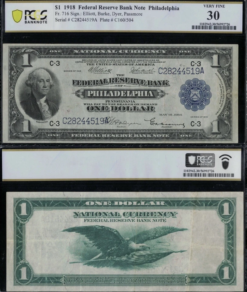 SC 1918 $1 Fr.716 Philadelphia, PA FRBN PCGS 30 Very Fine (519A) - Image 1 of 4