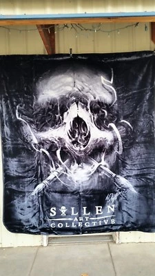 SULLEN DISTURBED BADGE TATTOO SKULL QUEEN SIZE BLANKET BEDSPREAD - Image 1 of 2