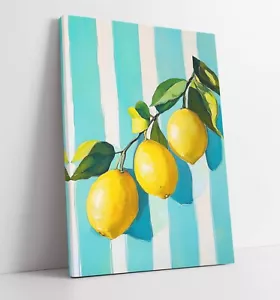 LEMONS ON STRIPED BACKRGOUND HOME DECOR FRAMED CANVAS WALL ART PICTURE PRINT - Picture 1 of 2