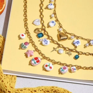 Stainless Steel Sweet Ceramic Necklace Flower Design Heart Flower Pendant - Picture 1 of 10