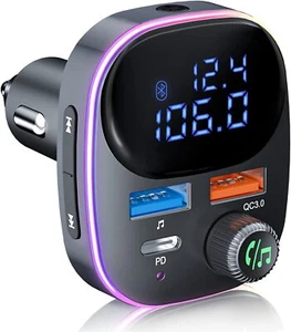 Bluetooth 5.3 FM Transmitter Car Radio Adapter IPhone Android Fast Charger LED - Picture 1 of 6