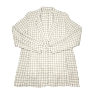 Cynthia Rowley Linen Blazer Jacket Roll-Tab Sleeve Size Large Gray White Check - Picture 1 of 17