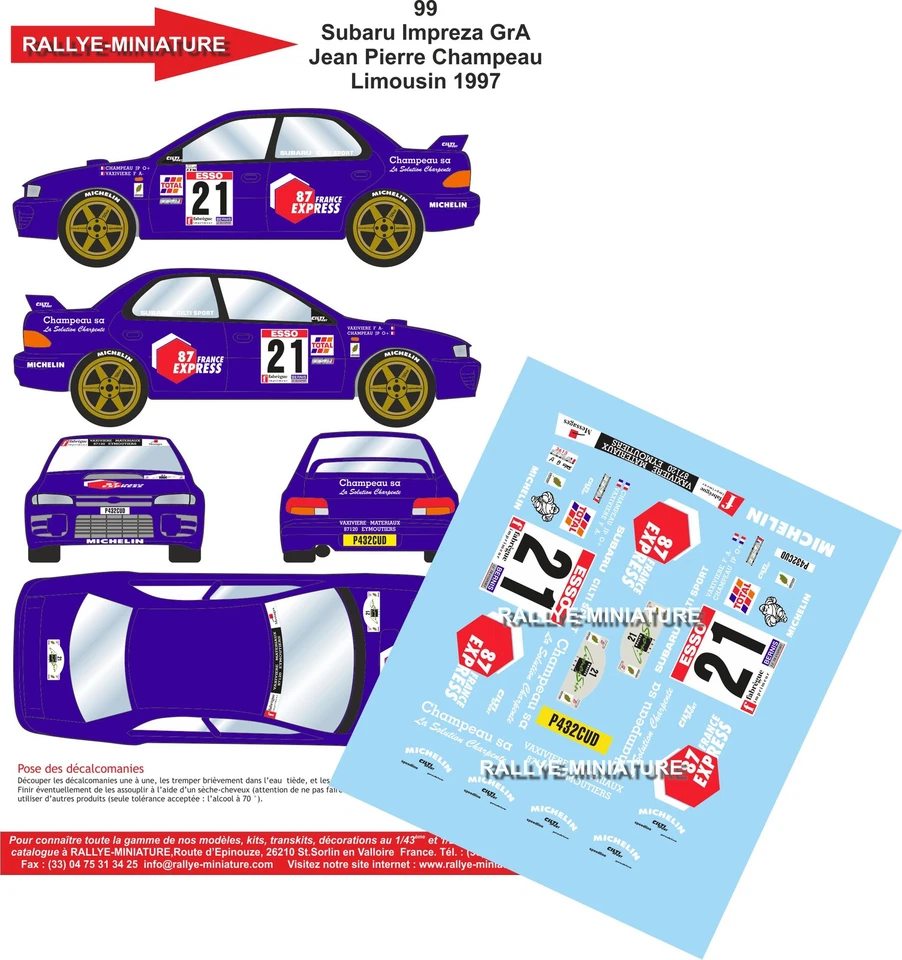 DECALS 1/24 REF 0099 SUBARU IMPREZA CHAMPEAU RALLYE DU LIMOUSIN 1997 RALLY - Bild 1 von 1