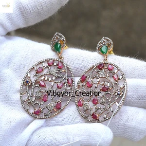 Pave Diamond Multi Gemstone Dangle Earrings Jewellery 925 Silver Gold Plated - Picture 1 of 4
