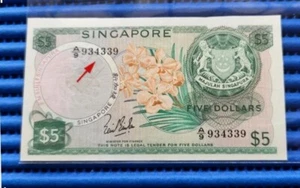 934339 Singapore Orchid Series $5 Note A/9 934339 Dollar Banknote Currency  - Picture 1 of 2