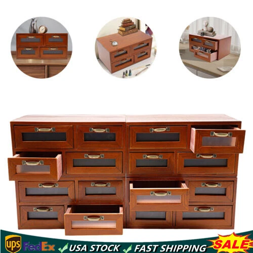 Vintage Small Wooden Desktop Storage Box Drawer Display Shelf Organizer Craft US - Image 1 of 4