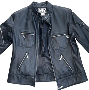 Y2K Vtg Clio Black Leather Moto Short zipper Jacket Size S Friends, Rocker - Picture 1 of 13