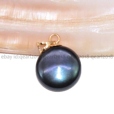 13-14mm Genuine Natural Black Freshwater Flat Coin Pearl Pendant 14K Yellow Gold - Image 1 of 4
