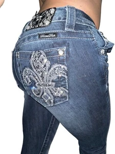 Miss Me Buckle Skinny Dark Denim Rhinestone Sequin Logo Fleur Sexy Jean 27 29X33 - Picture 1 of 4