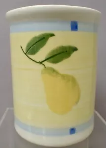 Vtg. HARTSTONE POTTERY Utensil Jar Crock Pear Apple Lemon Yellow w/ Blue Stripes - Picture 1 of 9