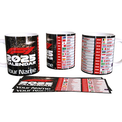FUNKY GIFT STUDIO F1 Formula One 2025 Calendar Mug | Customise | Merch | Birthday | Novelty | Gift