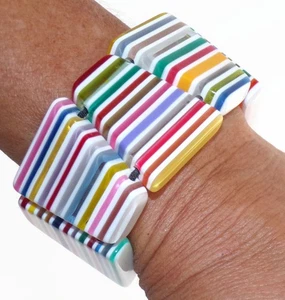 Sobral Candy Pop Fizz White & Bright Stripes Artist Made Beads Stretch Bracelet - Picture 1 of 5
