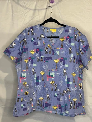Giraffe Zebra Womens Scrubs Top Medium Purple Yellow Nurse Uniform Shirt Ladies  - Image 1 of 2