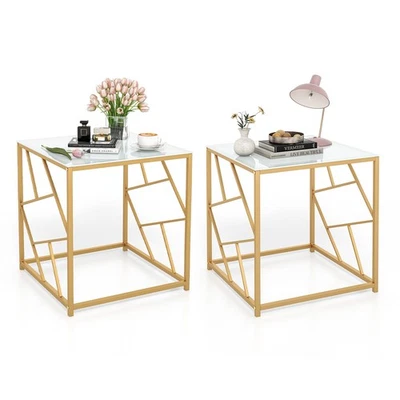 19.5" End Table Set of 2 Nightstand w/ Tempered Glass Tabletop & Geometric Frame - Image 1 of 4