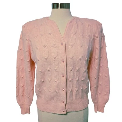 复古 Adele Joyce 粉色珍珠安哥拉电缆针织 V 领开衫毛衣 S — 第 1/4 张图片