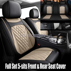 For Cadillac Car Seat Cover Full Leather 5-Seat Front Rear Protector Black&Beige - Picture 1 of 11