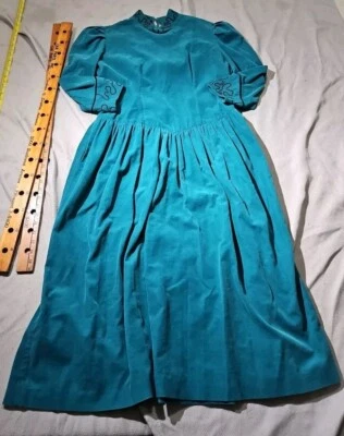Vtg Jane Schaffhausen Belle France Dress Womens 12 Blue Corduroy Prairie Cottage - Image 1 of 4