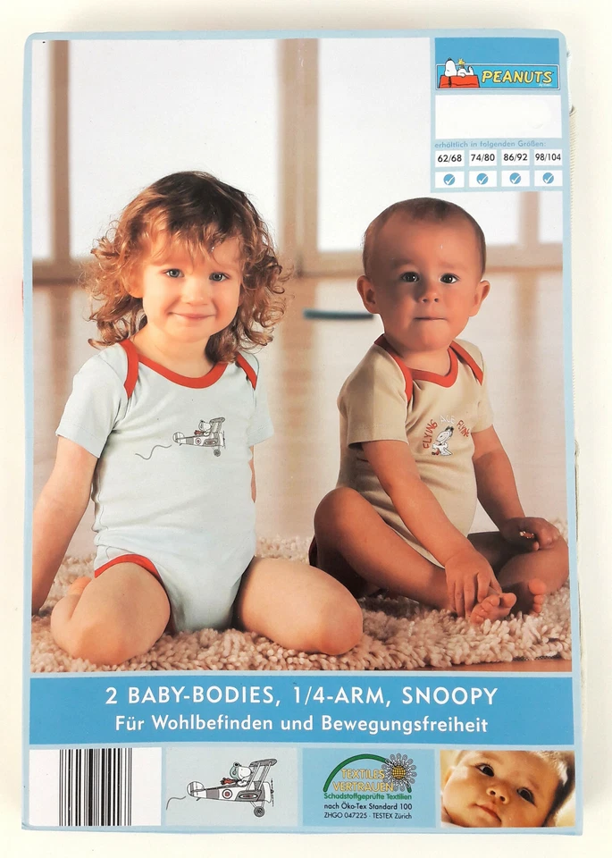 PEANUTS 2-er Set Babybody Kinderbody Body SNOOPY-Motivdruck 100% Baumwolle, Modell 6