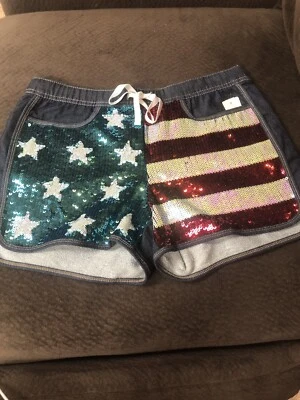 Juicy Couture Sequins Sparkle Denim Shorts Size M Red White &Blue 4th Of July - Image 1 of 4