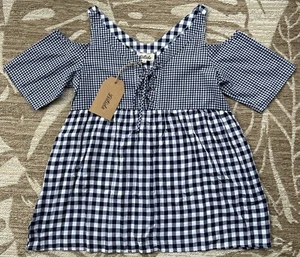NWT Listicle Gingham Cold Shoulder Tunic Top Women's Size Small Navy Blue White - Picture 1 of 3