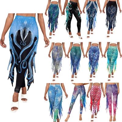 Womens Mermaid Costume Fish Scale Printed Trousers High Waist Fitness Pants - Photo 1/4