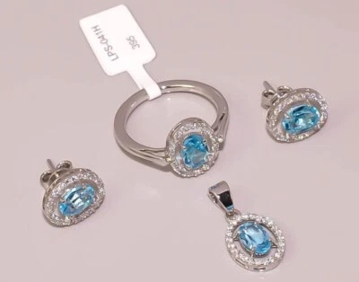 Pavé di Diamanti & Topazio Blu Gemma 925 Argento Sterling Gioielli Set Regalo - Immagine 1 di 4