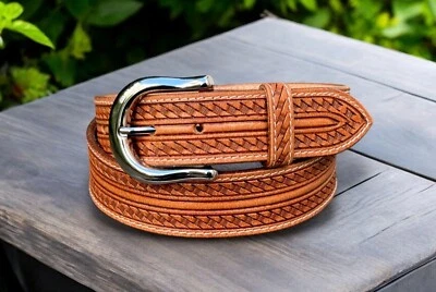 Western Leather Belt for Men Tooled Embossed Handmade With Removable Buckle - Image 1 of 4
