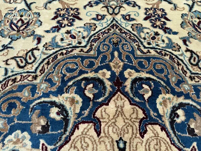 ANTIQUE IVORY ORIENTAL RUG 7x12 HANDKNOTTED vintage blue fine big real handmade - Image 1 of 4