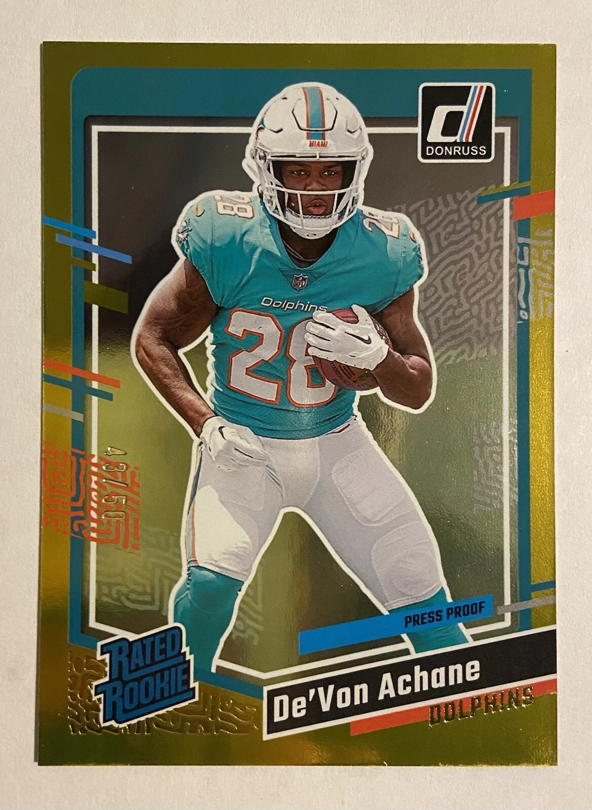 Devon Achane 2023 Panini Donruss Rated Rookie Gold /50 Rc #365 Dolphins