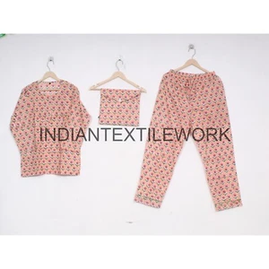 Indische Baumwolle Pyjama Set Blumendruck Home Wear Kleid Morgen Yoga Baumwolle PJ Set - Bild 1 von 6